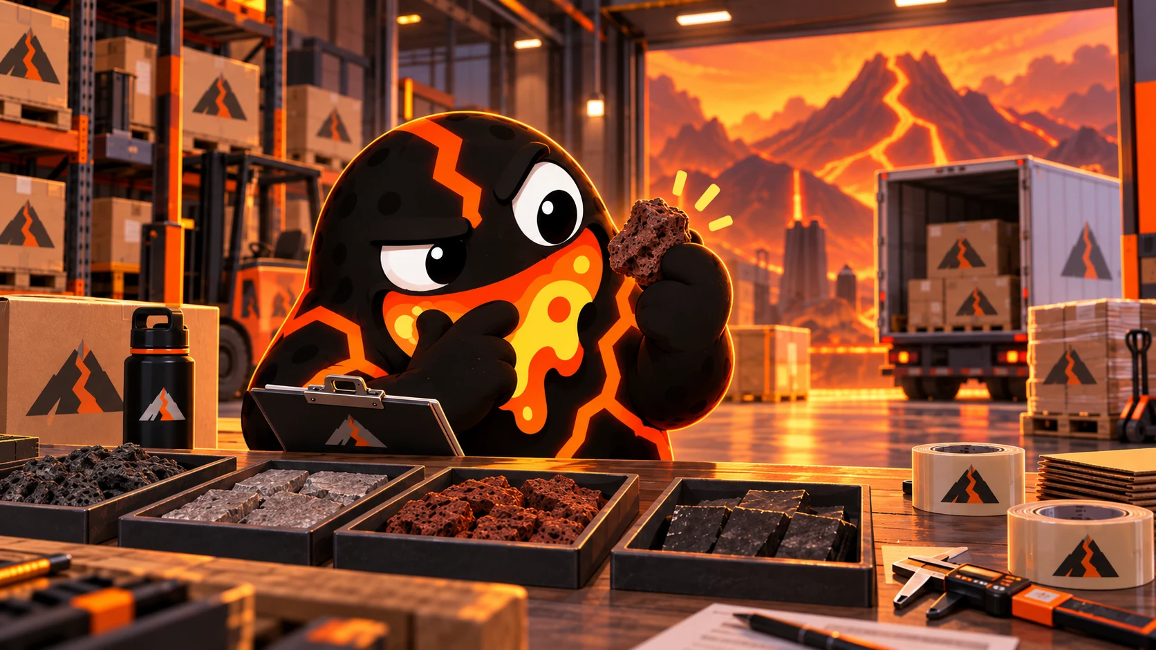 Lavajaw mascot examining manufacturing samples and materials in a global sourcing workshop