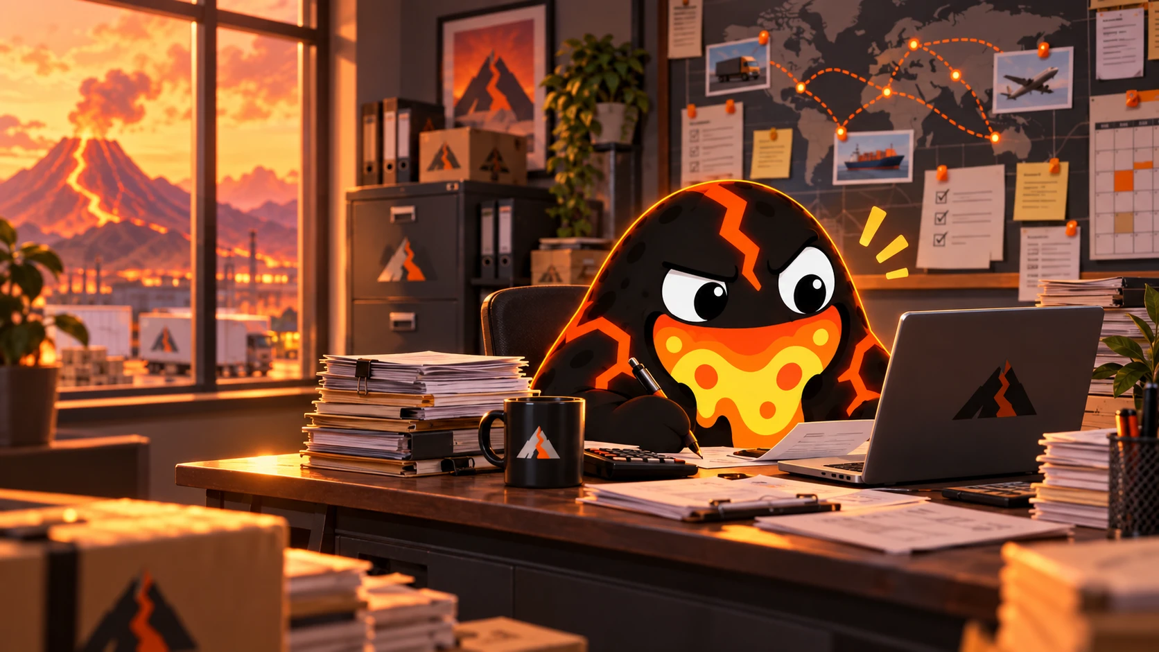 Lavajaw mascot working at a desk with commerce and logistics paperwork, a laptop and a world shipping map