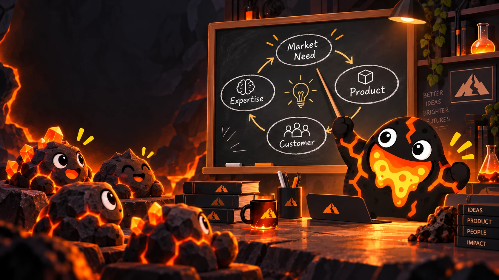 Lavajaw mascot at a chalkboard diagramming the market need, product, customer and expertise loop