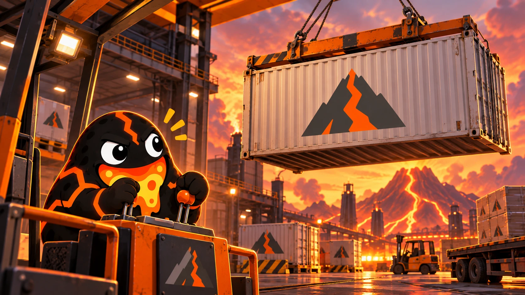 Lavajaw mascot celebrating alongside branded shipping boxes ready for production